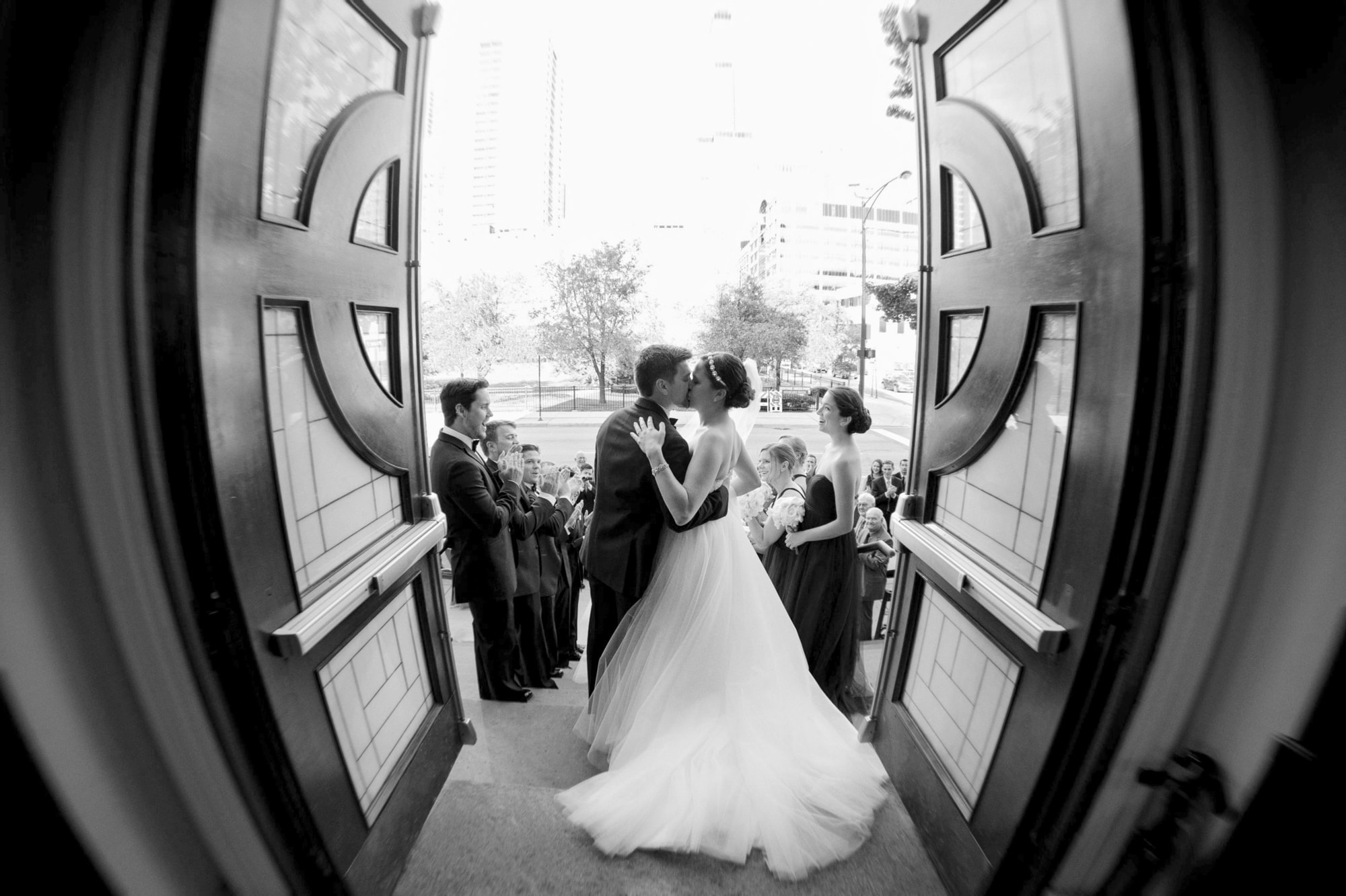 Romantic exit from wedding ceremony at Old St. Patrick's church