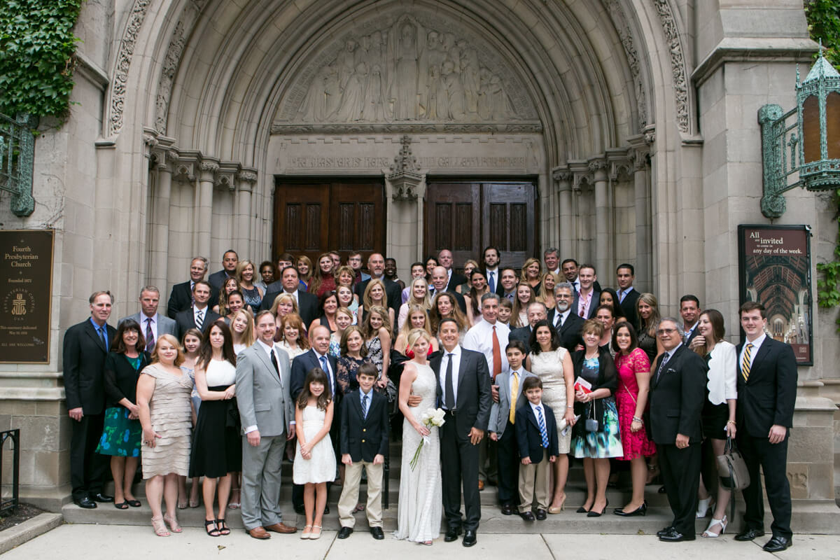 Wedding guests in front of Chicago's Fouth Presbyterian Church
