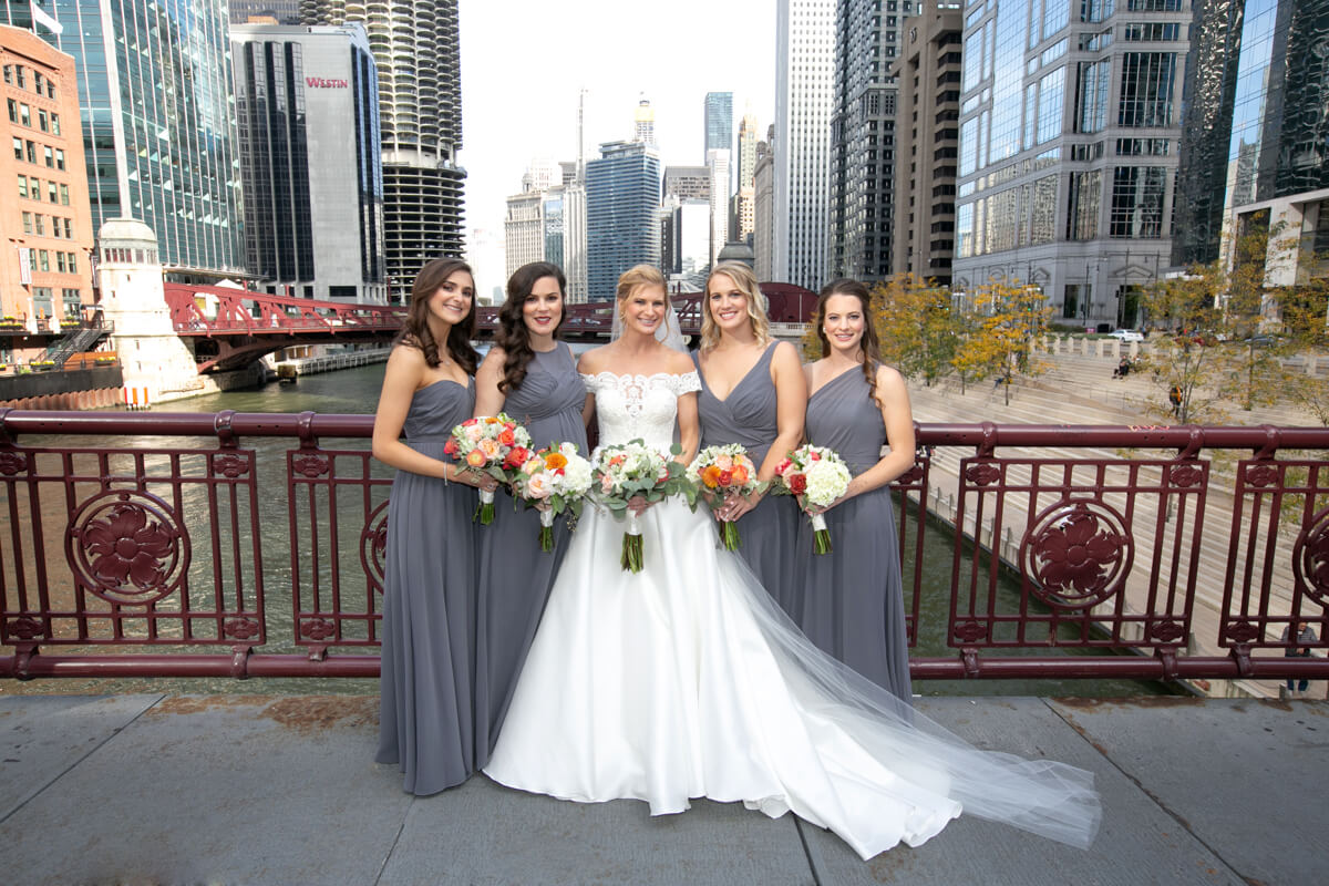 Wedding party portrait on a Chicago River bridge