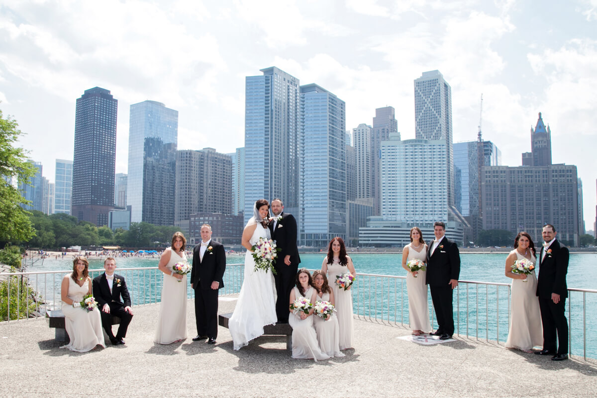 Wedding party in front of the Chicago Skyline