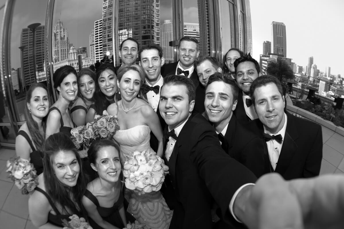 Black and White selfie of wedding party