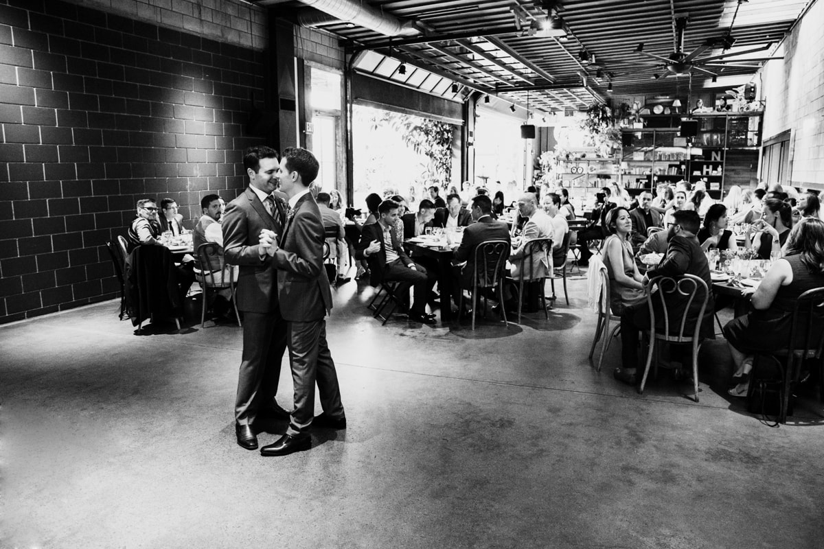 Black and white first dance at wedding reception