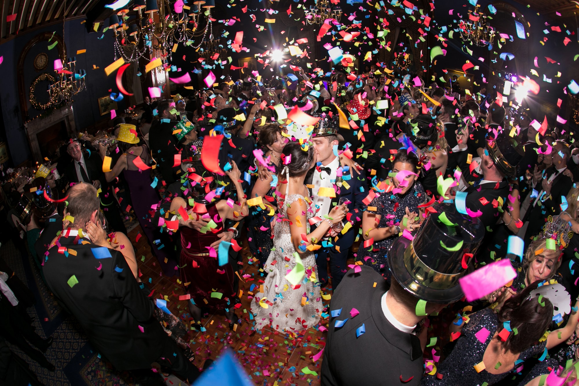 Confetti drop at wedding reception on New Years Eve