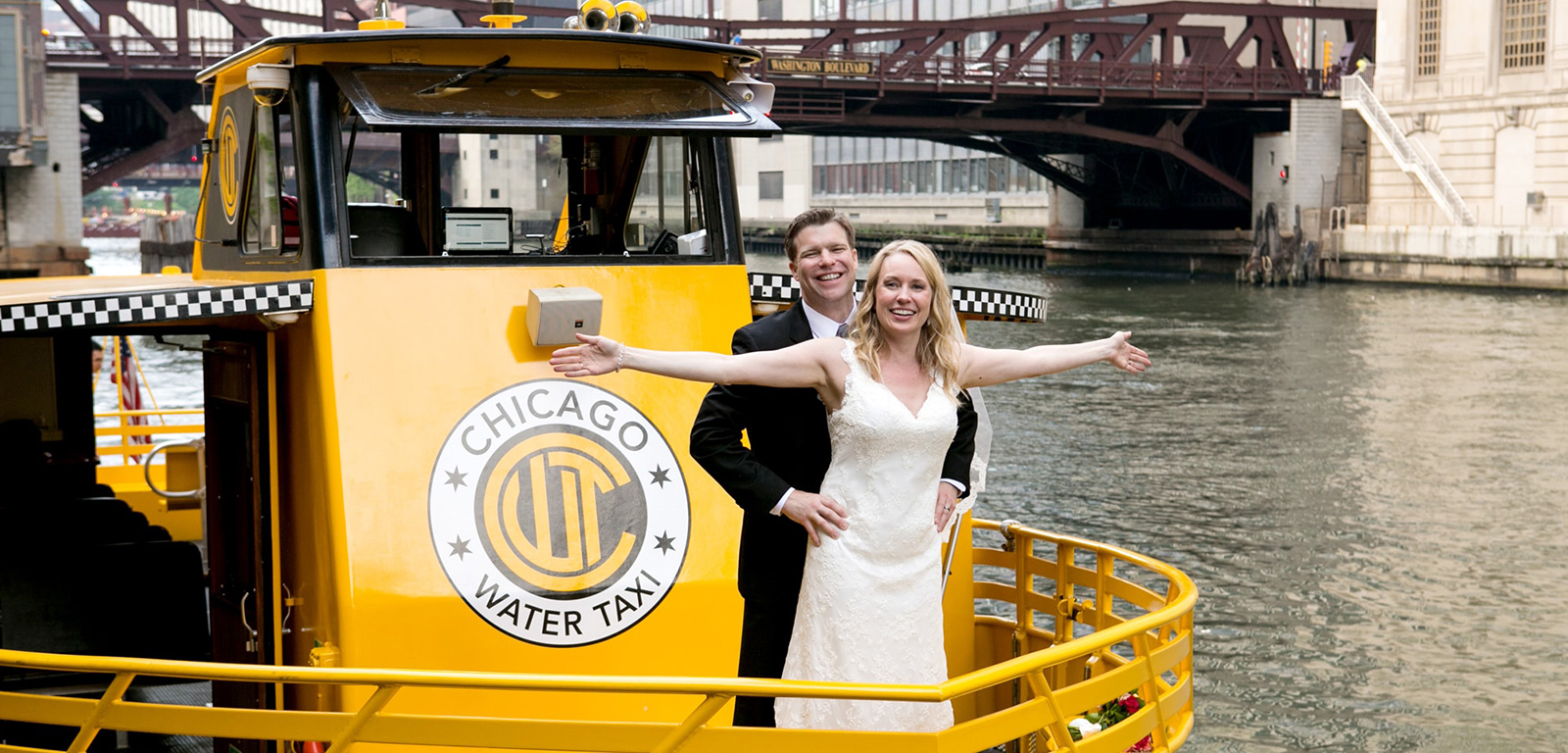Bride and Groom ride the Chicago Water Taxi to their reception